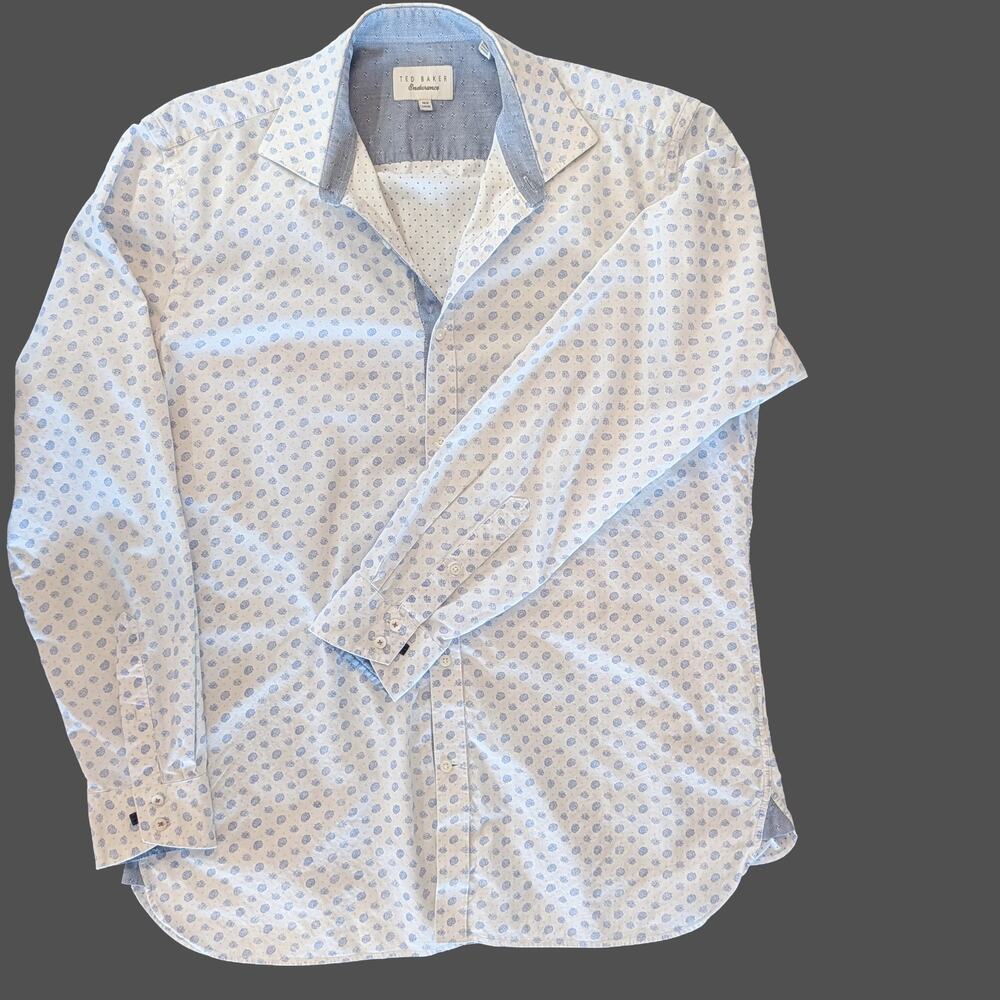 Ted Baker Endurance 100% Cotton Button Up Shirt Blue White Print 16.5 34/35